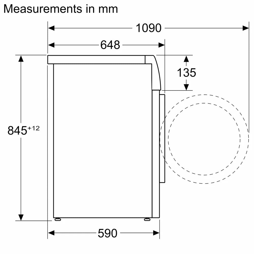 Side view line drawing of Bosch Series 8 10kg front loader washing machine with dimensions in millimeters.