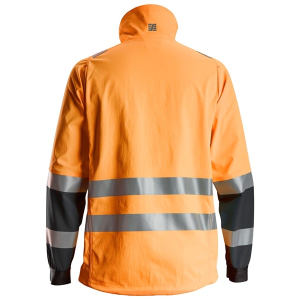 Back view of Snickers High-Vis Jacket in orange with black sleeves and reflective stripes on arms and waist