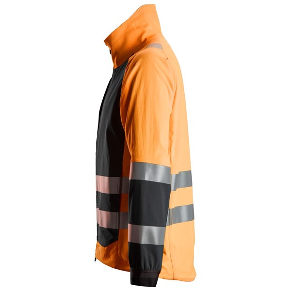 Snickers High-Vis Jacket in orange and black with reflective stripes, shown from the side.