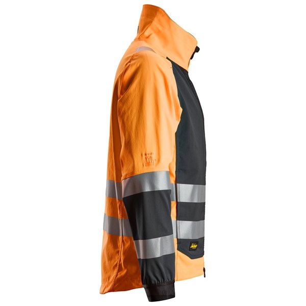 Snickers High-Vis Jacket in orange and black with reflective stripes on sleeves and torso, side view.