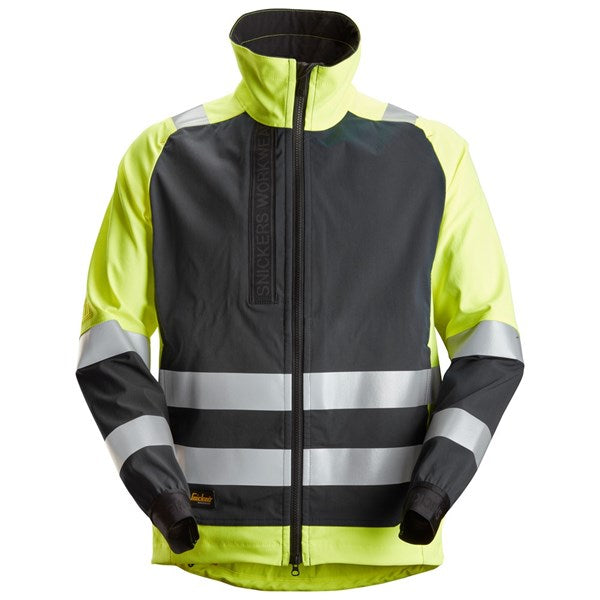Snickers High-Vis Jacket in yellow and black with reflective stripes on sleeves and torso, front zipper closed.