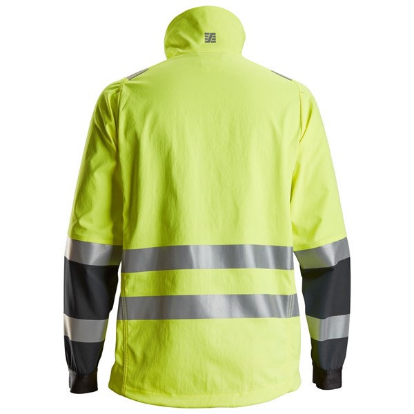 Back view of Snickers High-Vis Jacket in yellow with black sleeves and reflective stripes on arms and waist