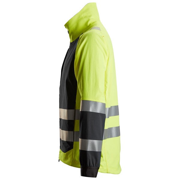 Side view of Snickers High-Vis Jacket in yellow and black with reflective stripes on sleeves and torso
