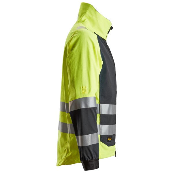 Snickers High-Vis Jacket in yellow and black with reflective stripes, shown from the side.