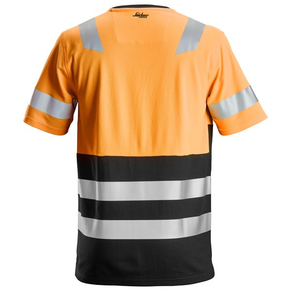 Back view of Snickers HI VIS T-Shirt in orange with reflective stripes on sleeves and lower back.