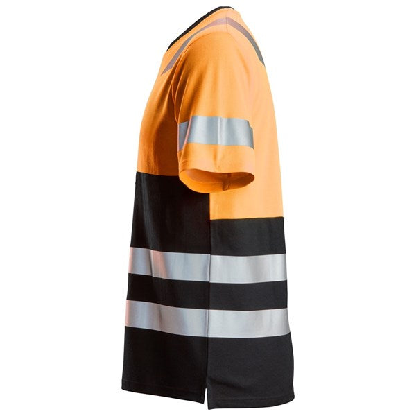 Snickers HI VIS T-Shirt in orange with black and reflective silver stripes, shown from the side.