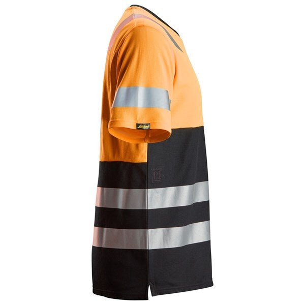 Snickers HI VIS T-Shirt in orange and black with reflective silver stripes on sleeve and lower body, side view.