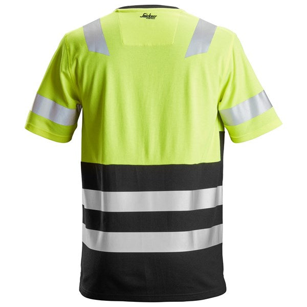 Back view of Snickers HI VIS T-Shirt Yellow with reflective stripes on sleeves and lower back.