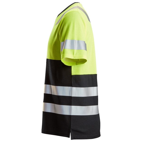 Snickers HI VIS T-Shirt in yellow with black lower half and reflective silver stripes on sleeves and body.