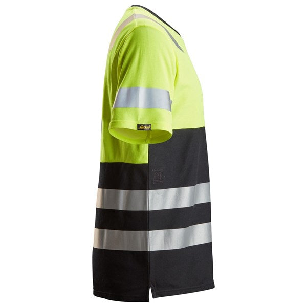 Snickers HI VIS T-Shirt in yellow and black with reflective stripes, shown from the side.