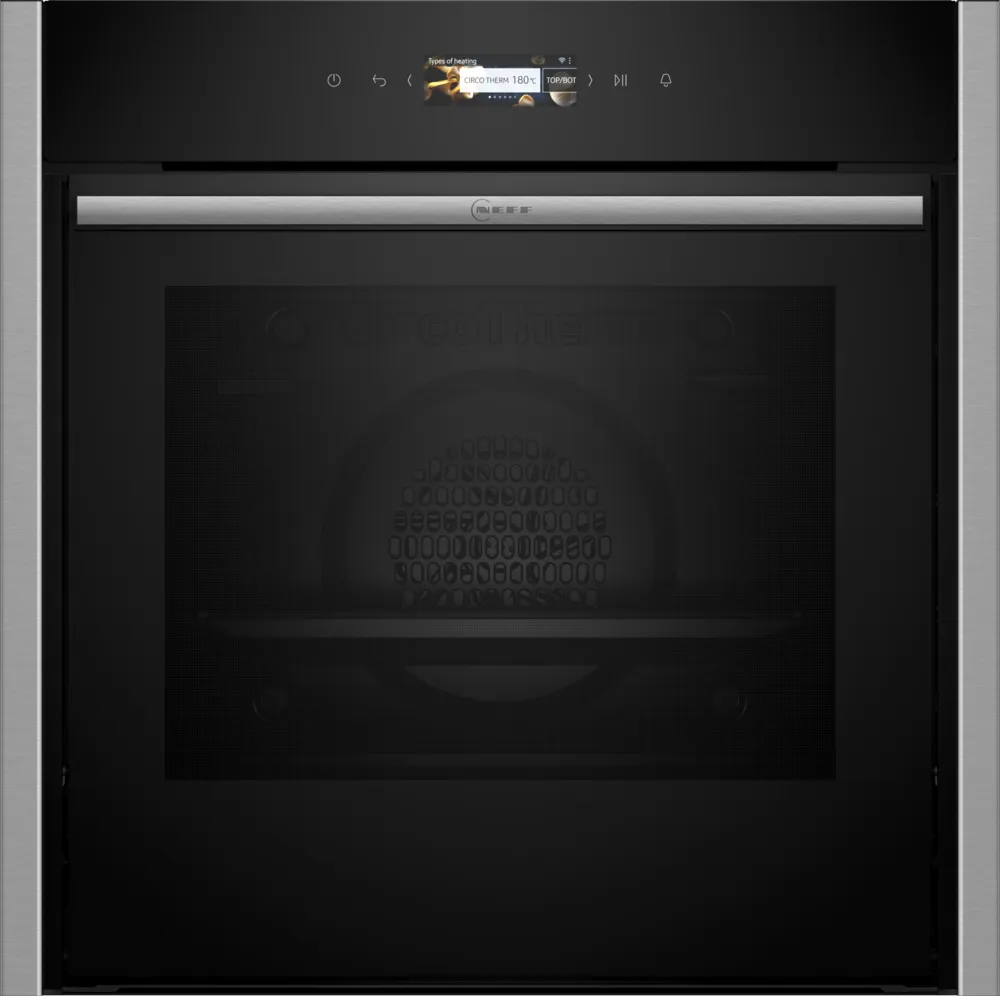 NEFF N70 Slide&Hide stainless steel electric oven with digital display and closed door
