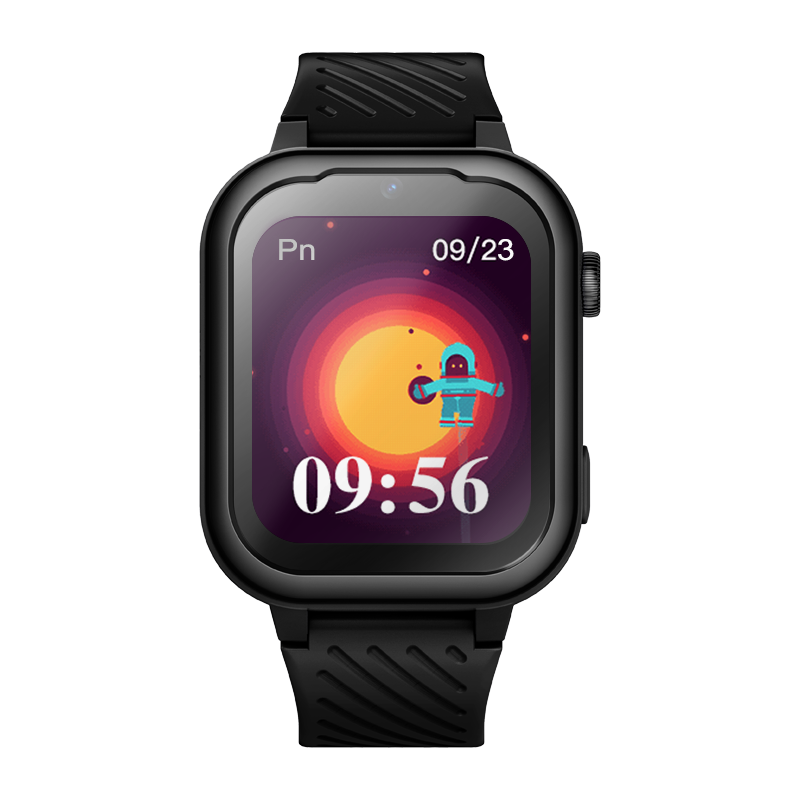 Smartwatch Garett Kids Essa 4G in black with a colorful astronaut-themed digital display showing time and date.