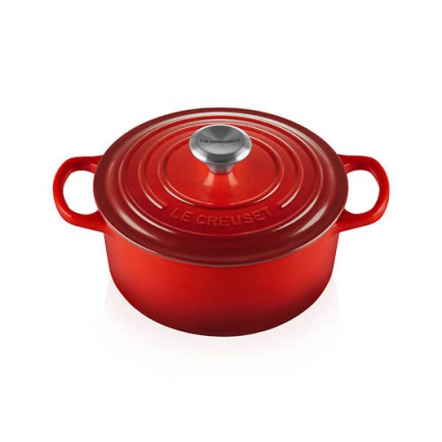 Le Creuset Signature Cerise 22cm cast iron round casserole, durable enamel, oven safe, 3.3L capacity – Keans Claremorris