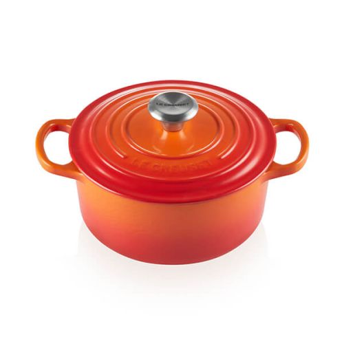Le Creuset 24cm Volcanic cast iron casserole with moisture-locking lid, ergonomic handles, dishwasher safe – available at