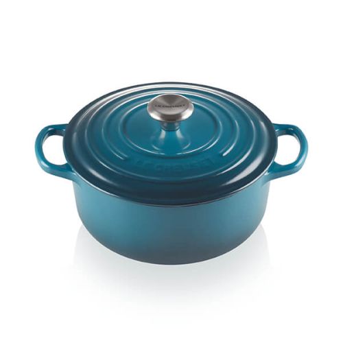 Le Creuset 24cm Deep Teal Cast Iron Round Casserole with stainless steel knob, large handles, 4.5L capacity – Keans