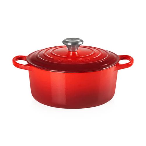 Le Creuset 26cm Round Casserole in Cerise red, durable cast iron cookware – available at Keans Claremorris.