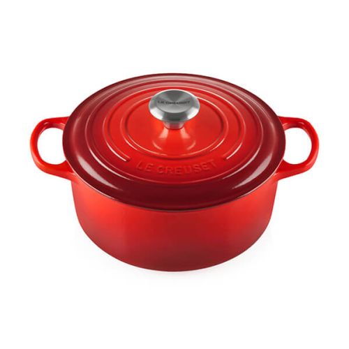 Le Creuset 26cm Cerise cast iron round casserole, durable enamel, oven safe, 5.3L capacity – available at Keans Claremorris
