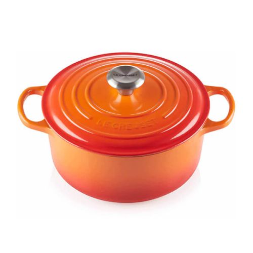 Le Creuset Signature Volcanic 28cm cast iron round casserole, durable enamel, large handles, oven safe – Keans Claremorris