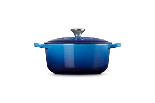 Le Creuset 28cm Azure Blue Round Casserole, enamelled cast iron, oven-safe, heat-resistant knob, Keans Claremorris
