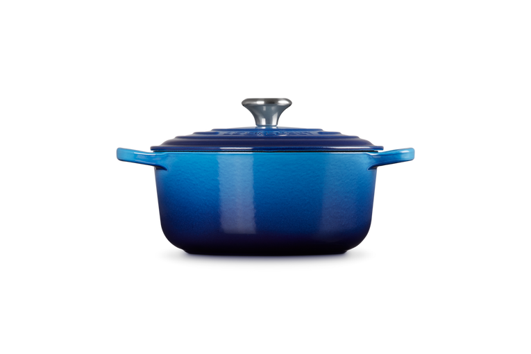 Le Creuset 28cm Azure Blue Round Casserole, enamelled cast iron, oven-safe, heat-resistant knob, Keans Claremorris