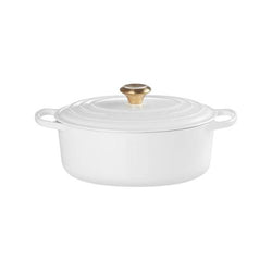 Le Creuset 27cm White Oval Cast Iron Casserole with gold knob, durable enamel, oven safe – Keans Claremorris