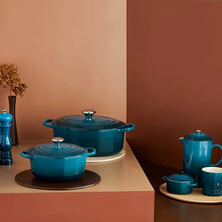 Le Creuset Oval Casserole 29cm in Deep Teal, durable cast iron cookware - available at Keans Claremorris