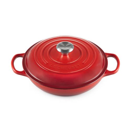 Le Creuset Signature Cerise 26cm shallow cast iron casserole, durable enamel, ergonomic handles, oven safe – Keans