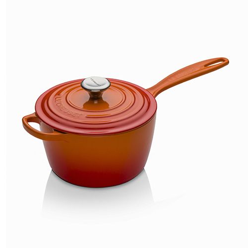 Le Creuset 18cm Volcanic cast iron saucepan with sand enamel interior, ovenproof handles, induction compatible – Keans