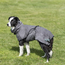 Grey XL 75cm dog bathrobe towel for drying pets quickly, from Keans Claremorris store.