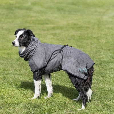 Grey XL 75cm dog bathrobe towel for drying pets quickly, from Keans Claremorris store.