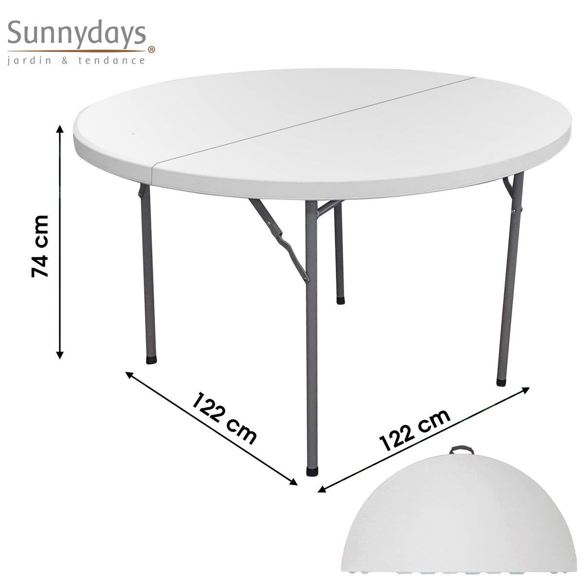White round folding table with metal legs, shown open and folded flat with dimensions marked.