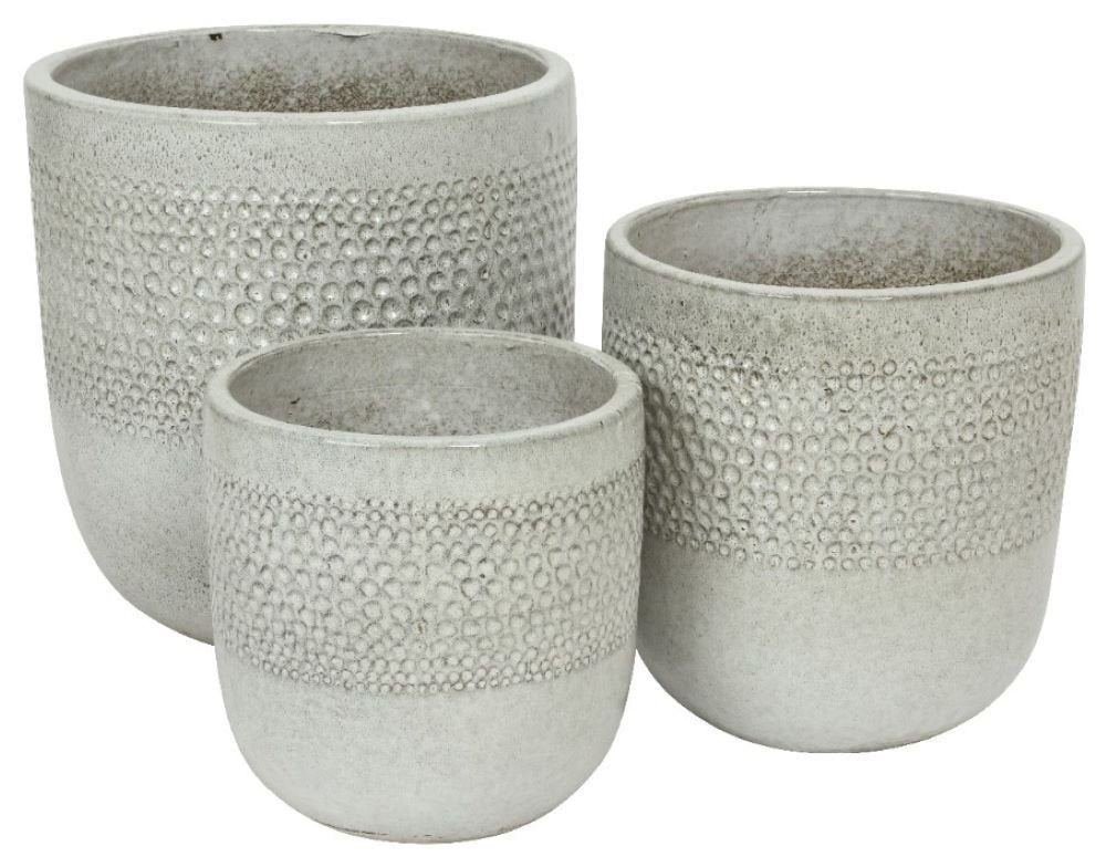 Three glazed white Colin Planter Outdoor pots with textured dotted bands in small, medium, and large sizes.