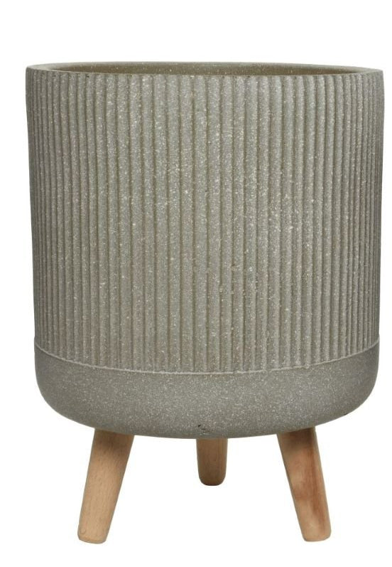 Large taupe Logan Handmade 3-leg planter with vertical stripes and wooden legs, front view on white background.