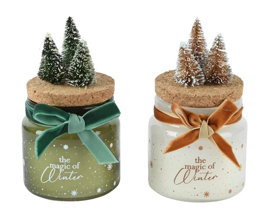 Candle w/ Velvet Bow & Tree – Berry Fruit Scent – 2 Colours Assorted H.6cm
