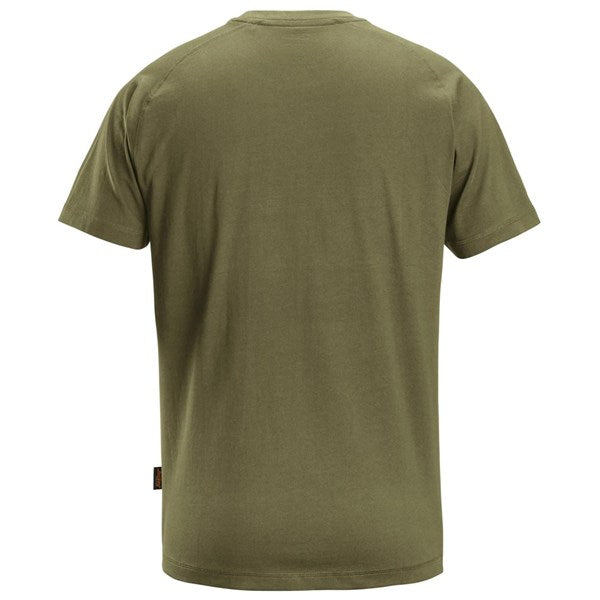 Khaki Snickers Logo T-shirt shown from the back with short sleeves and crew neck.