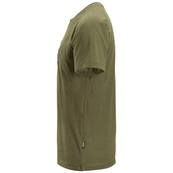 Khaki Snickers Logo T-shirt shown from the side with short sleeves and a small tag near the hem.