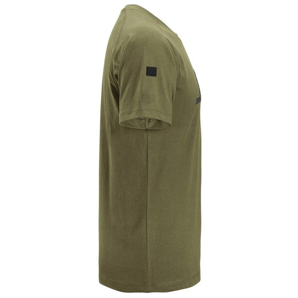 Khaki Snickers Logo T-shirt shown from the side with a small black patch on the sleeve.