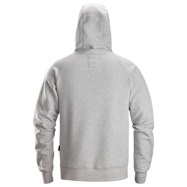 Grey Snickers Logo Hoodie shown from the back with hood up and long sleeves.
