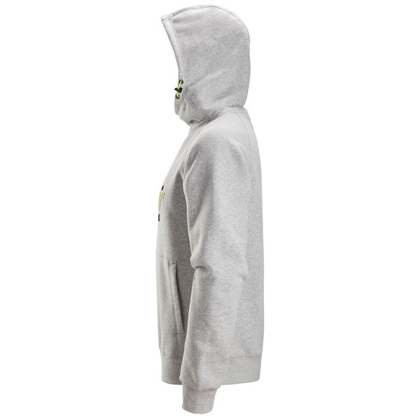 Grey Snickers logo hoodie shown from the side with hood up and front pocket visible.