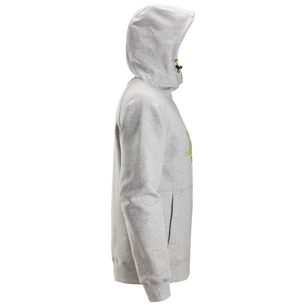 Grey Snickers logo hoodie shown from the side with hood up and front pocket visible.