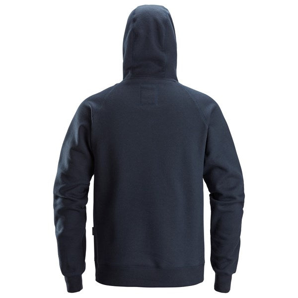 Navy Snickers Logo Hoodie shown from the back with hood up and long sleeves visible