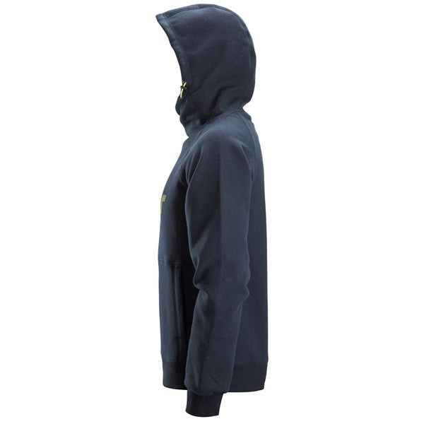 Navy Snickers Logo Hoodie shown from the side with hood up and front pocket visible.