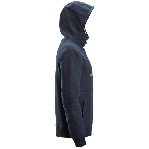 Navy Snickers logo hoodie shown from the side with hood up and front pocket visible.