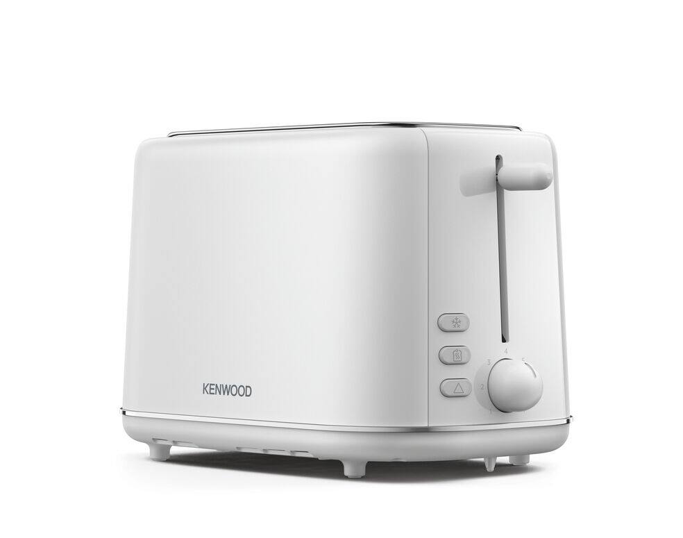 Kenwood Abbey Lux white 2-slice toaster with metallic trim, control buttons, and browning dial on the side.