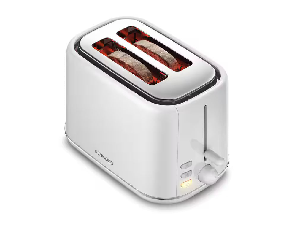 Kenwood Abbey Lux white toaster with two slots, toasting bread with control knob and buttons on side.