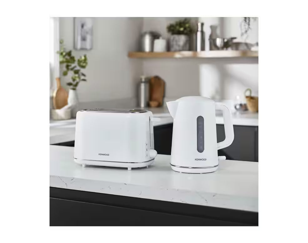 Kenwood Abbey Lux Collection white toaster on kitchen counter next to matching white kettle
