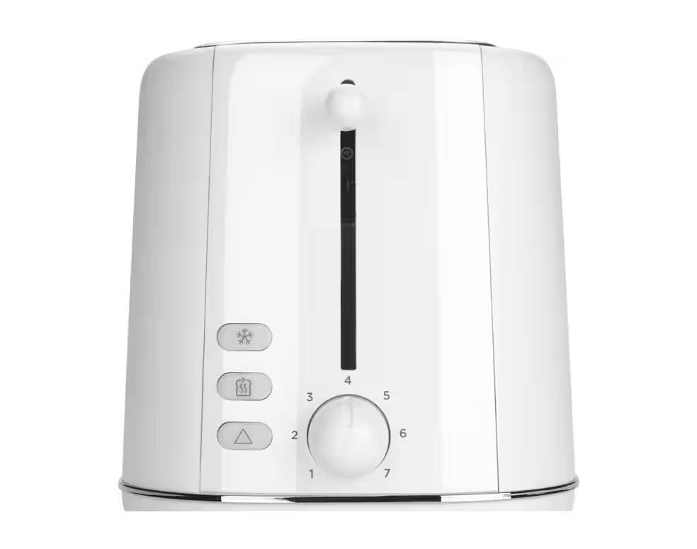 Kenwood Abbey Lux white toaster close-up showing control dial and three function buttons on front panel