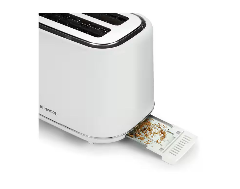 Kenwood Abbey Lux white toaster with crumb tray pulled out showing crumbs inside.
