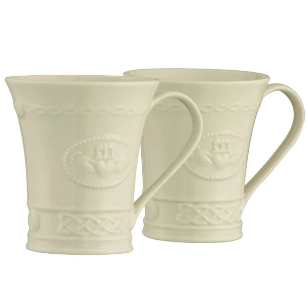 Set of 2 Belleek Claddagh mugs with embossed Irish love, friendship, loyalty symbols, handcrafted in Ireland – Kean’s