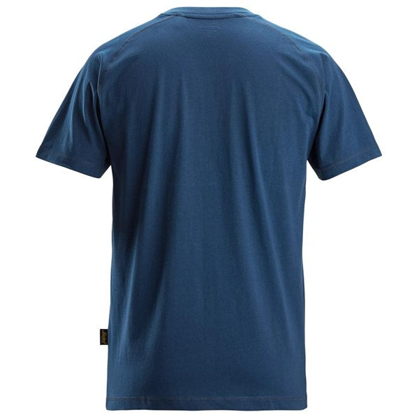 Back view of a blue Snickers Logo T-shirt with short sleeves and a small black tag on the side.